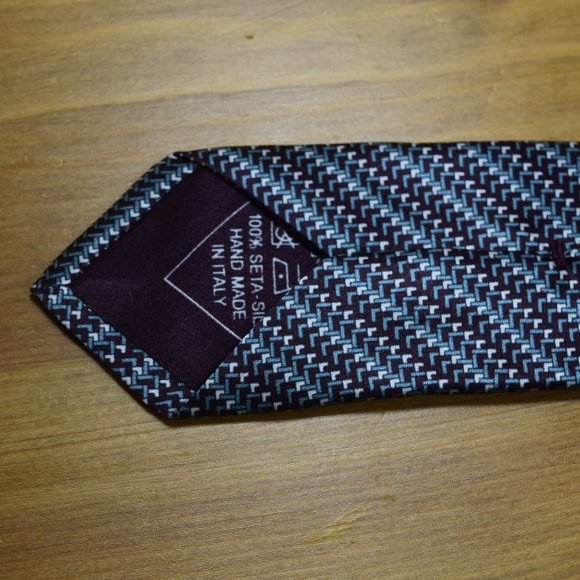 New BRIONI Blue Aqua Geometric Italy Woven Silk Neck Tie handmade in Italy $440 - Picture 12 of 13